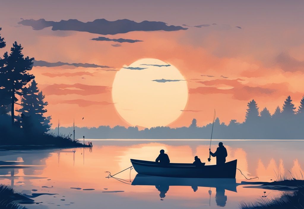 Modern digital painting of a serene Michigan lake at dawn, featuring silhouettes of people fishing from the shore and a boat, highlighting the tranquility of a free fishing weekend, with a blue color theme.