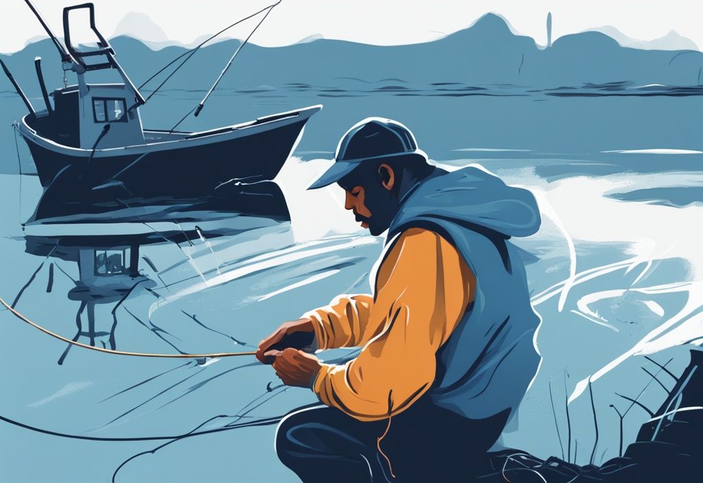 Frustrated fisherman examining tangled fishing line in modern digital painting with blue color theme.