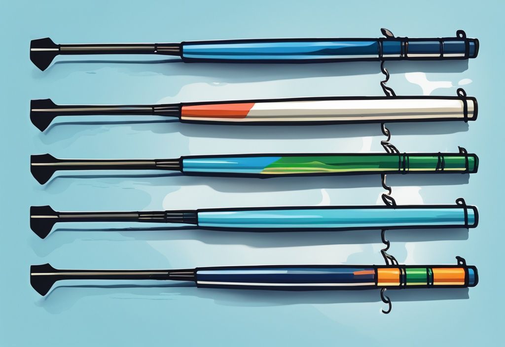 Modern digital painting of 10 fishing poles with logos of top fishing pole brands, blue color theme.