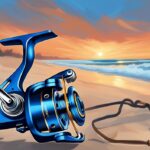 Modern digital painting of best 5 surf fishing reels on a serene beach at sunset, featuring a blue color theme.