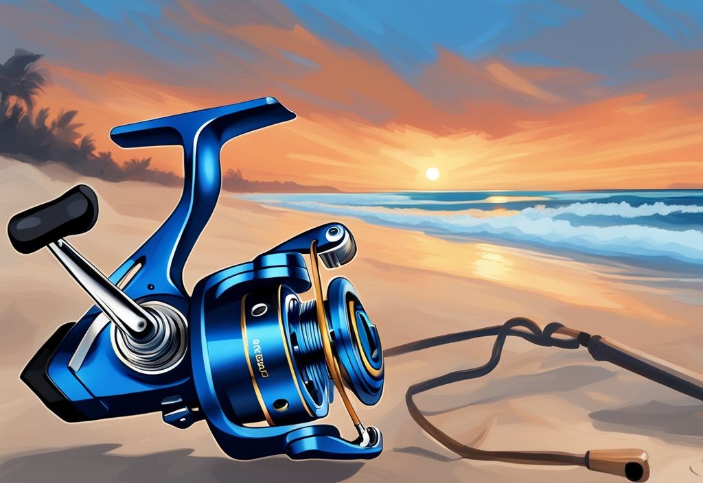 Modern digital painting of best 5 surf fishing reels on a serene beach at sunset, featuring a blue color theme.