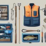 Modern digital painting of best fishing subscription box with blue-themed fishing gear like hooks, lines, and tackle on a wooden dock by a serene lake at sunrise.