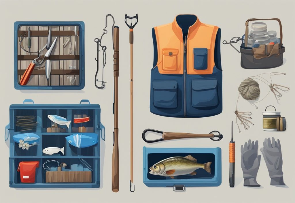 Modern digital painting of best fishing subscription box with blue-themed fishing gear like hooks, lines, and tackle on a wooden dock by a serene lake at sunrise.