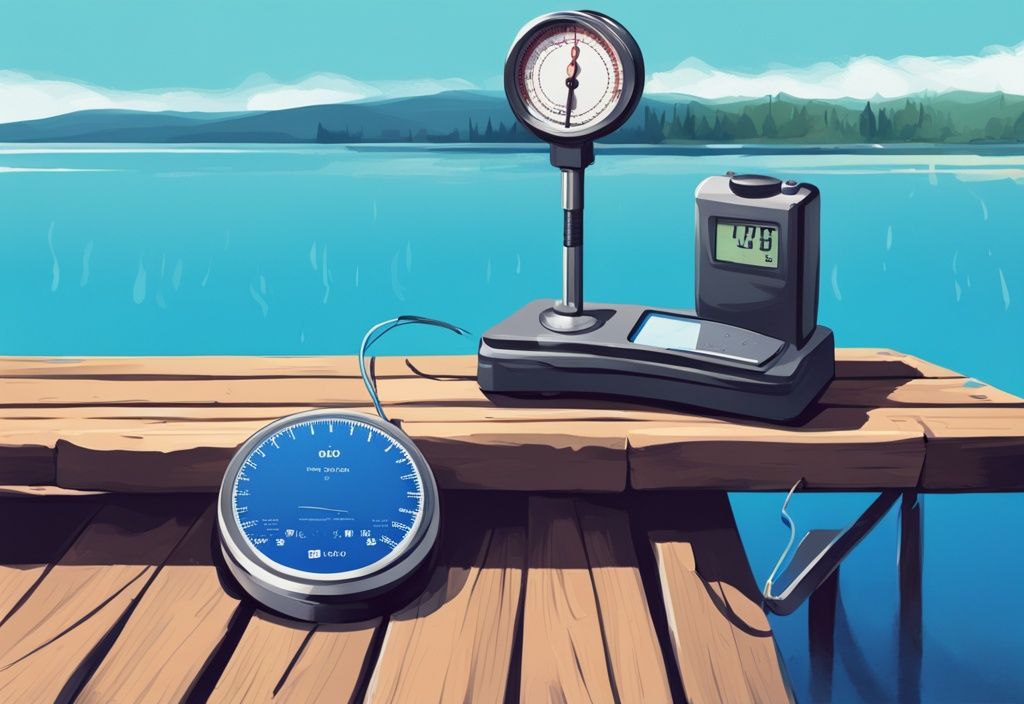 Modern digital painting of digital and analog fishing scales on dock with blue lake backdrop.