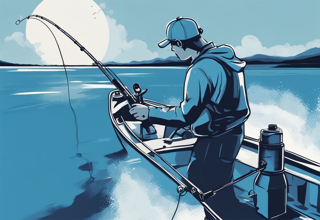 Modern digital painting of an angler on a boat with fishing rod and barometer, blue color theme.