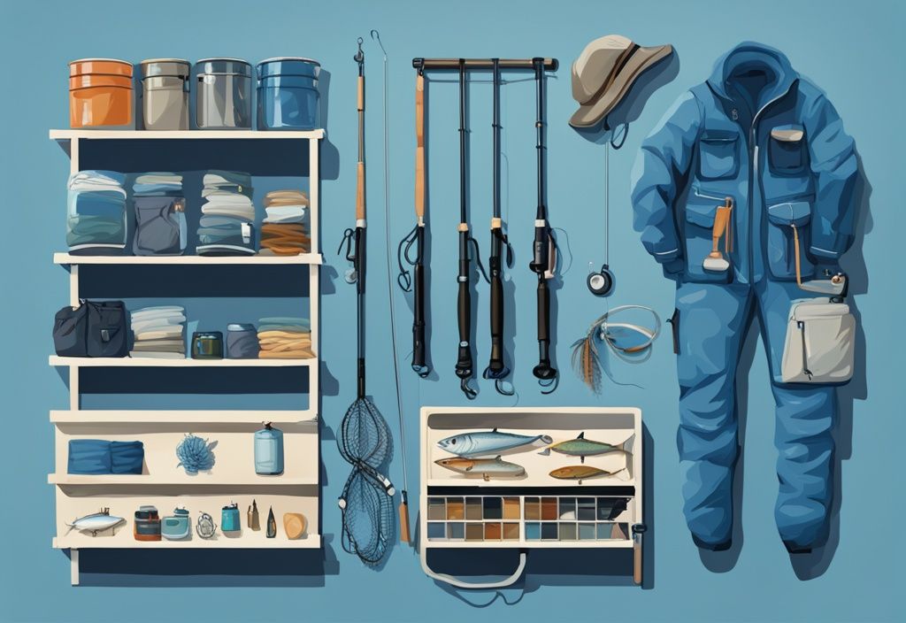 Modern digital painting of fishing gear in blue theme, featuring rods, reels, bait, and tackle in a virtual store layout, showcasing the best online fishing store.