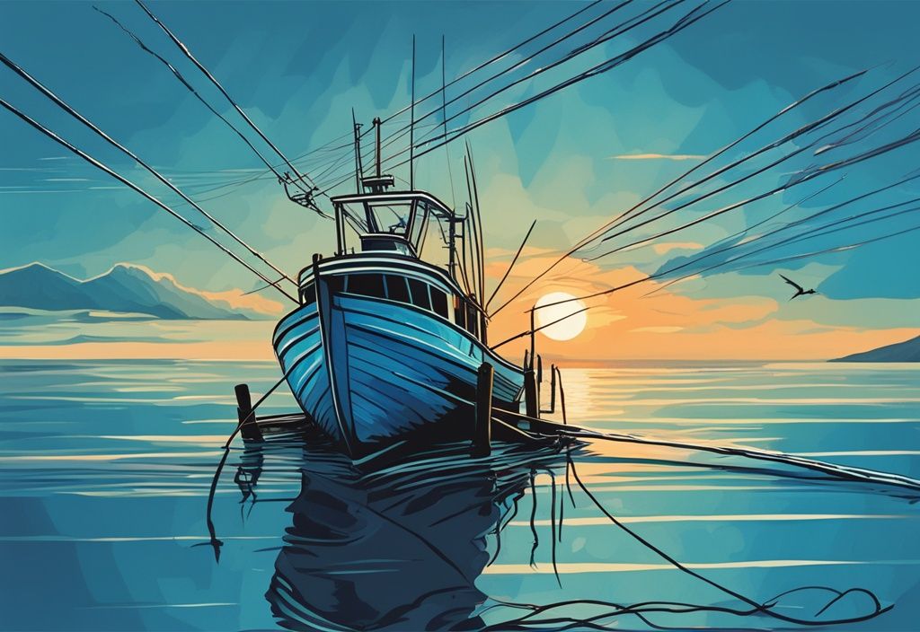 Modern digital painting of a fishing boat on azure waters during tuna fishing season, with tuna being caught against a stunning sunrise backdrop.