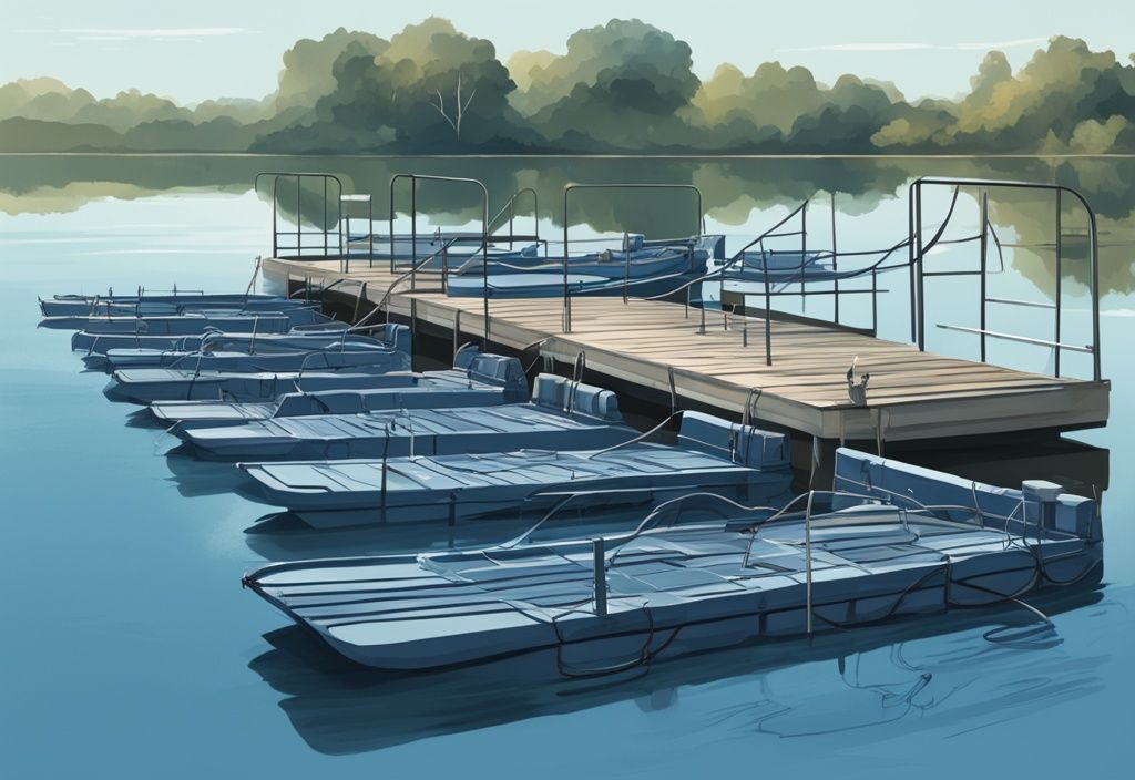 Modern digital painting of top-tier fishing pontoons in blue-themed serene lake setting, showcasing diverse features.