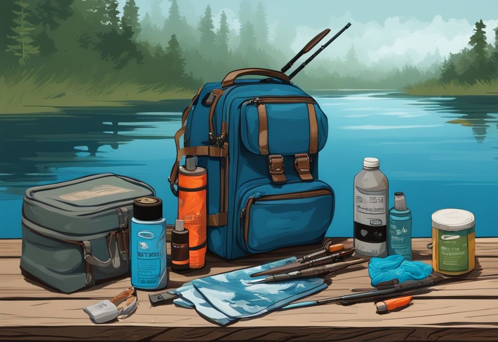 Modern digital painting of the best 3 survival fishing kits on a wooden table in an exotic wilderness, with a blue color theme.