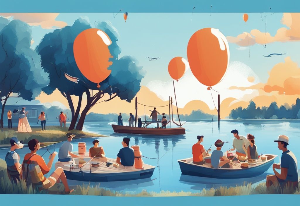 Modern digital painting of a blue-themed waterside picnic with fishing hooks, bait, rods, party banners, balloons, and people enjoying fishing activities.