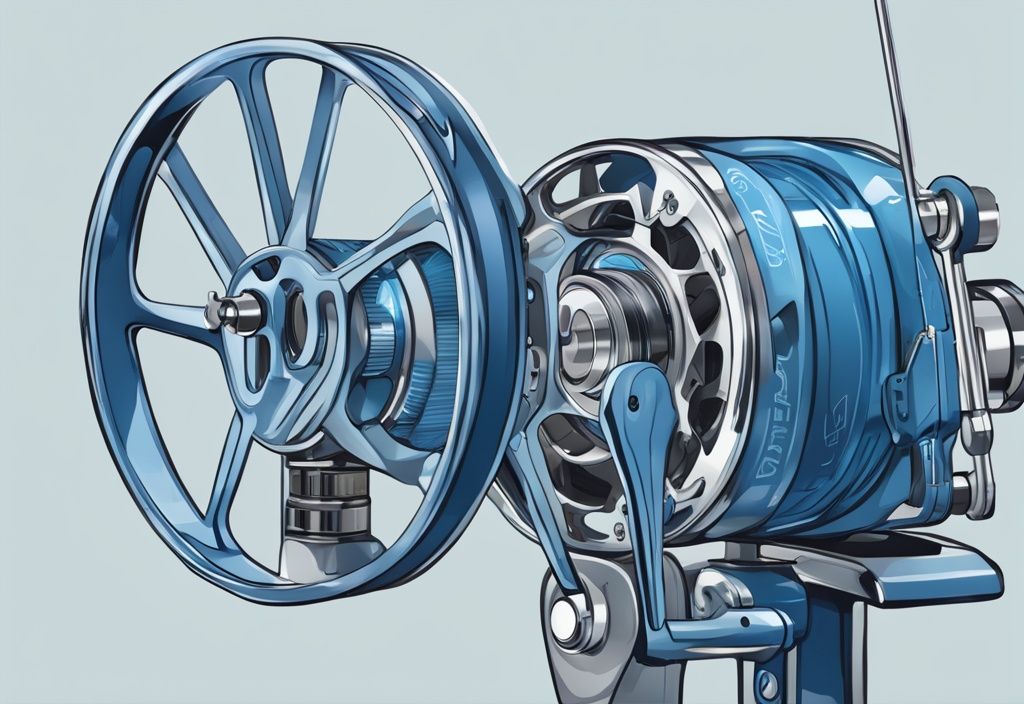 Modern digital painting of a blue fishing reel with highlighted drag system and max drag force scale.