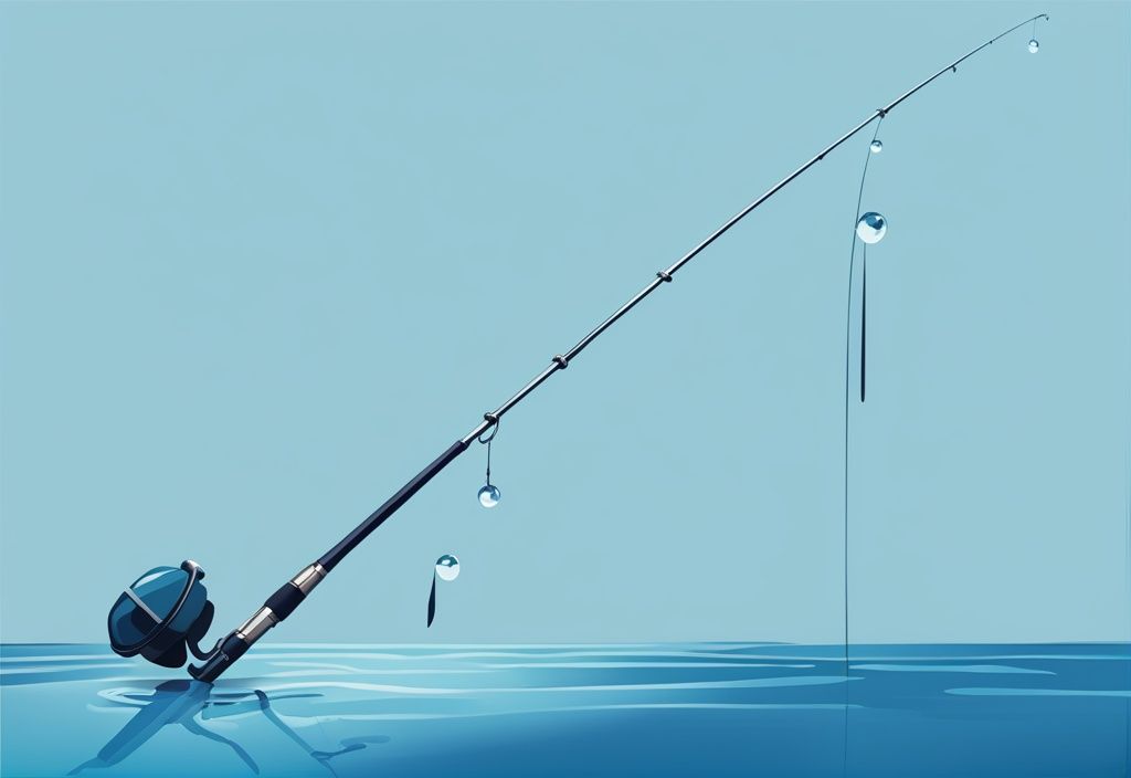 Modern digital painting of a fishing rod with drop shot rig submerged in calm blue water.