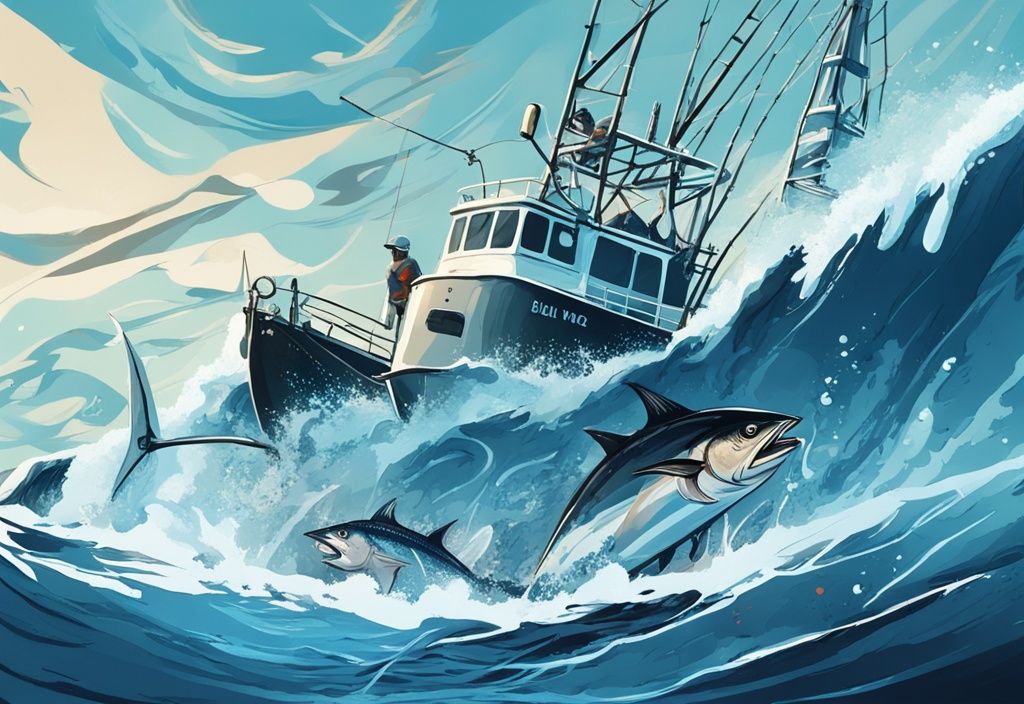 Modern digital painting of fishermen catching a large tuna at sea, vibrant blue theme, ocean waves, peak tuna fishing season.