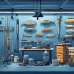 Modern digital painting of fishing gear in blue theme, featuring rods, reels, bait, and tackle in a virtual store layout at the best online fishing store.