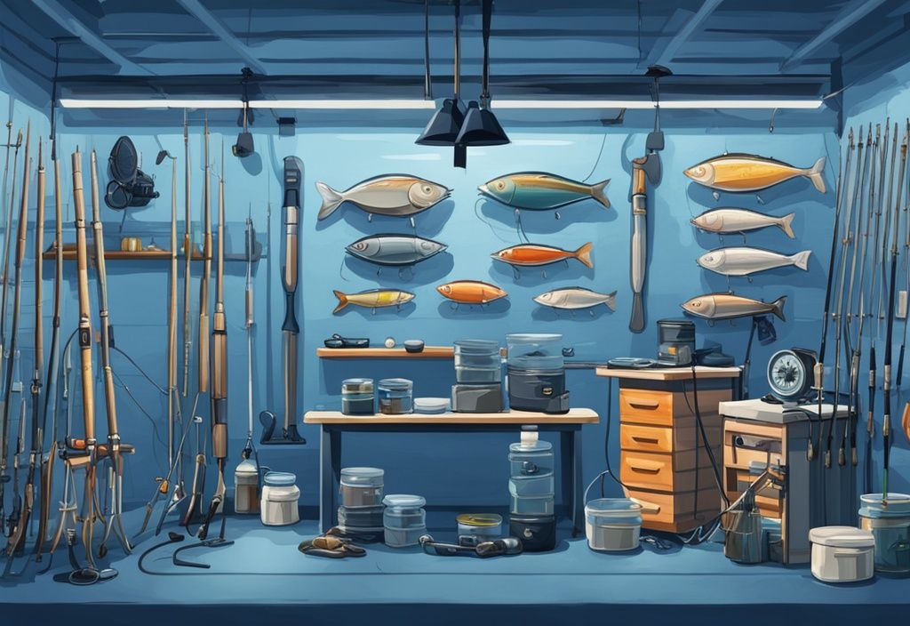 Modern digital painting of fishing gear in blue theme, featuring rods, reels, bait, and tackle in a virtual store layout at the best online fishing store.