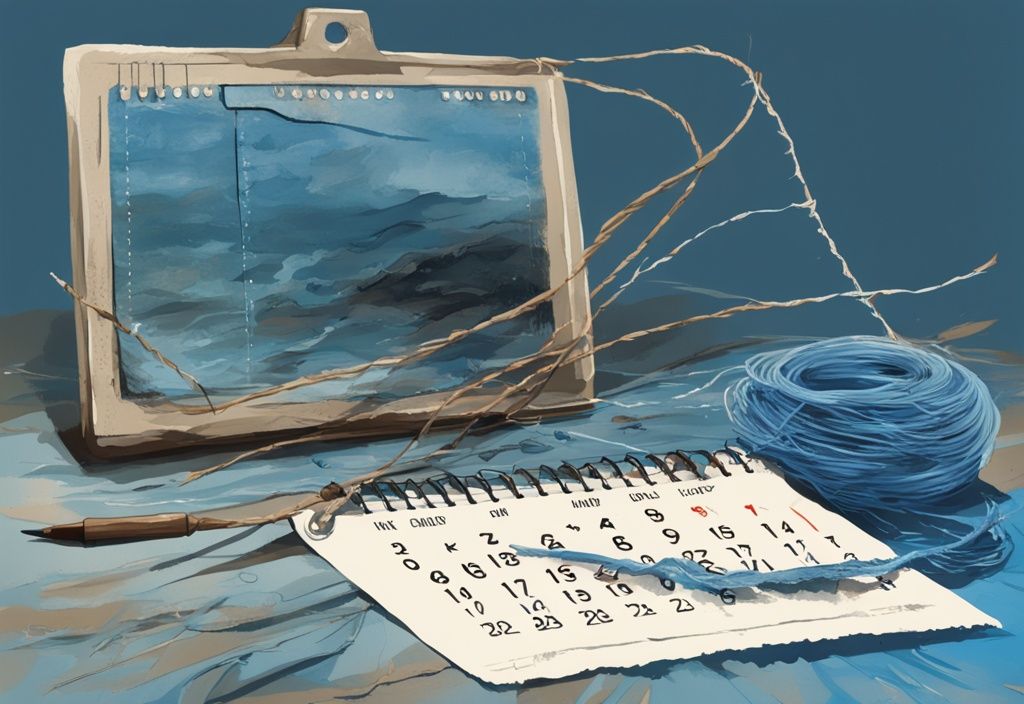 Modern digital painting illustrating a frayed fishing line against a calendar backdrop, exploring the theme of time and durability, related to the question: how long does a fishing line last.