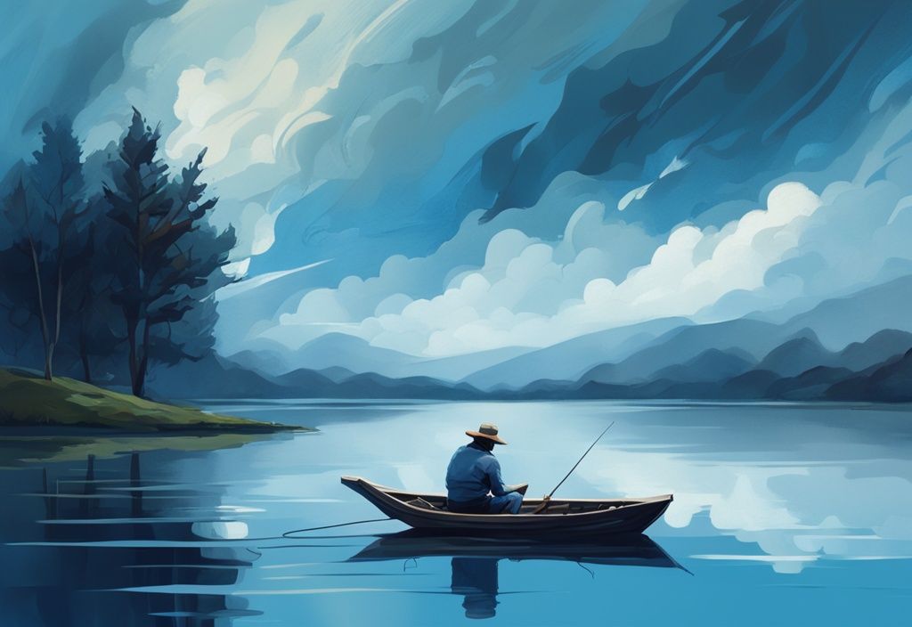 Modern digital painting of a serene lake with a fisherman on a wooden boat, casting into vibrant blue water reflecting a cleared stormy sky.