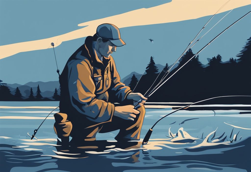 Modern digital painting of a fly fisherman adding a tippet to a tapered leader, close-up of hands and fishing gear, blue color theme.