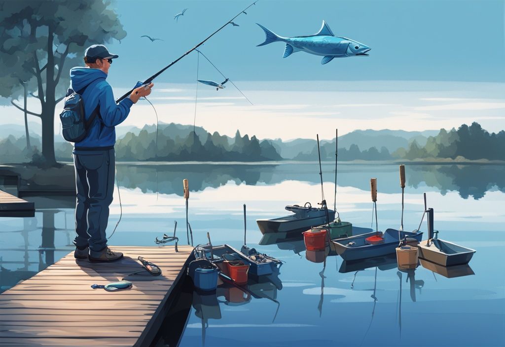 Modern digital painting of a beginner angler with baitcaster models on a dock by a serene lake, blue color theme.