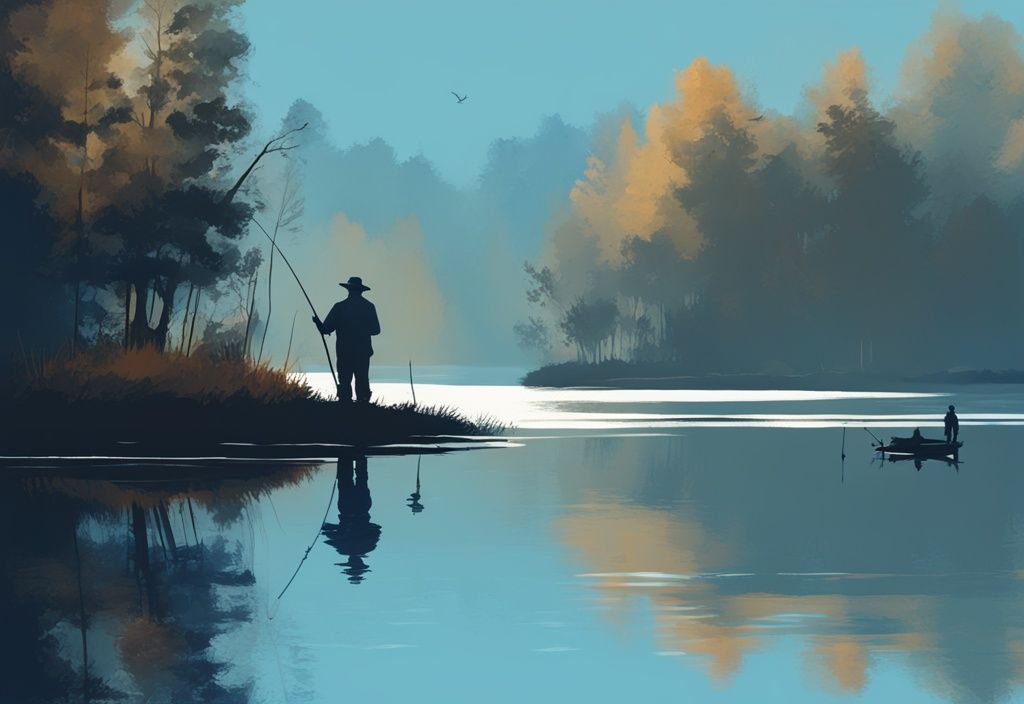 Digital painting of two fishermen on a serene lake, one casting a fly rod and the other using a traditional fishing rod, with a blue color theme.