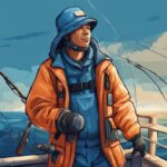 Modern digital painting of a person in full deep sea fishing attire, showcasing what to wear for deep sea fishing, including a waterproof jacket, gloves, boots, and hat, on a fishing boat with ocean backdrop.