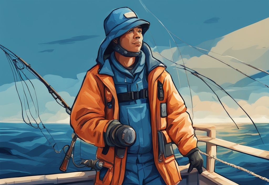 Modern digital painting of a person in full deep sea fishing attire, showcasing what to wear for deep sea fishing, including a waterproof jacket, gloves, boots, and hat, on a fishing boat with ocean backdrop.