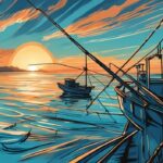 Modern digital painting of tuna fishing season with a fishing boat on azure waters, pulling up tuna during a stunning sunrise.