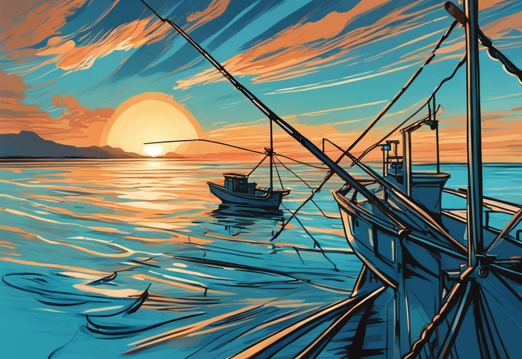 Modern digital painting of tuna fishing season with a fishing boat on azure waters, pulling up tuna during a stunning sunrise.