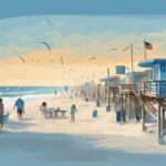 Modern digital painting of Gulf Shores beach with people fishing along the shoreline, highlighting fishing rules signs.