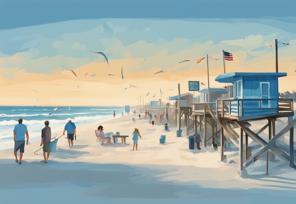 Modern digital painting of Gulf Shores beach with people fishing along the shoreline, highlighting fishing rules signs.