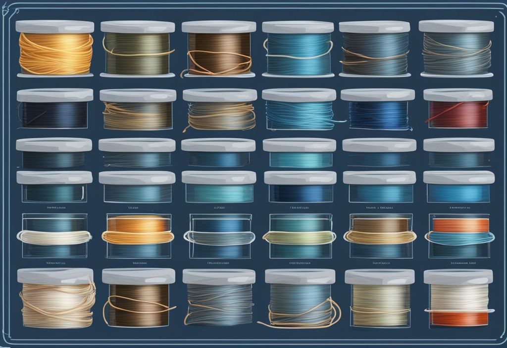 A modern digital painting illustration showcasing the best 10 fishing lines, arranged neatly in a row with clear labels indicating their strength and features, set against a blue color theme.