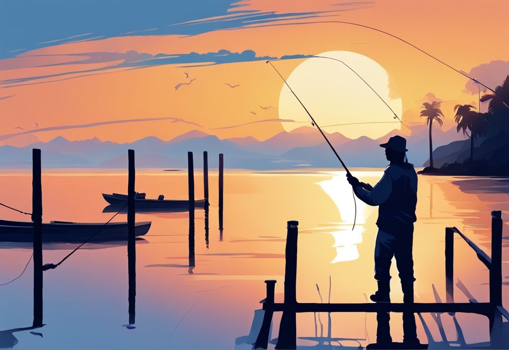 Modern digital painting of an angler on a jetty, casting a fishing line at sunset with blue color theme.