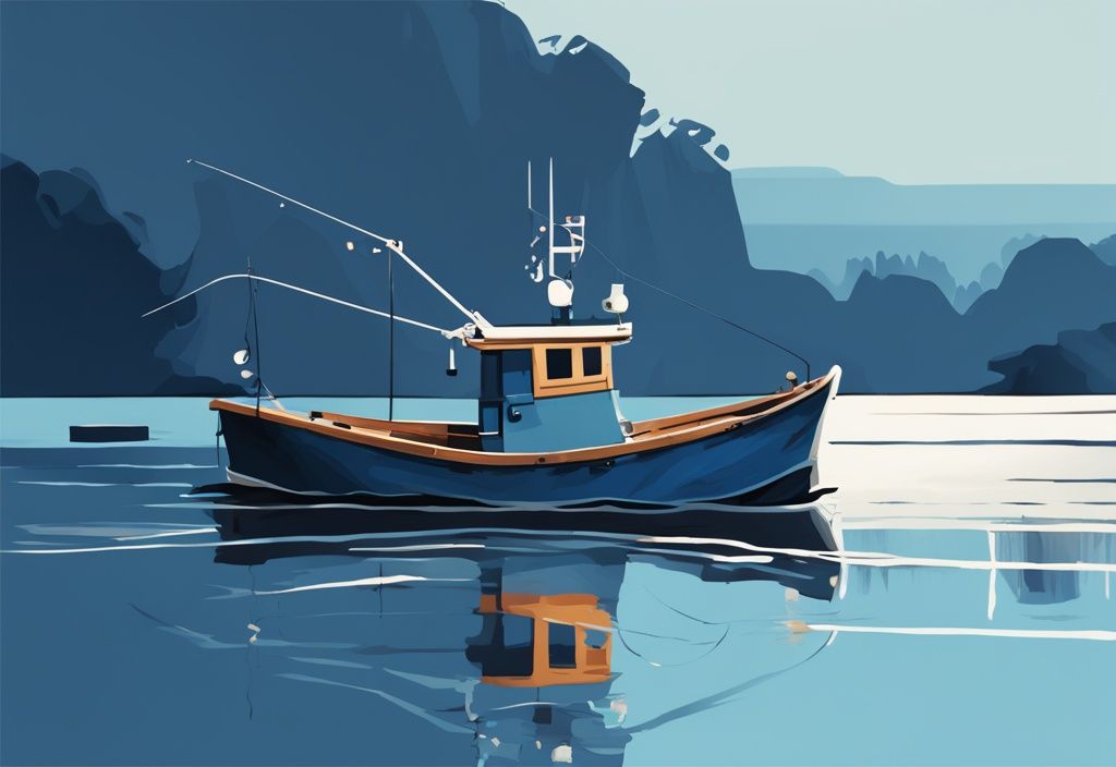 Modern digital painting of a fishing boat on a large scale, illustrating how much does a fishing boat weigh with weight clearly visible on the scale's display, blue color theme.