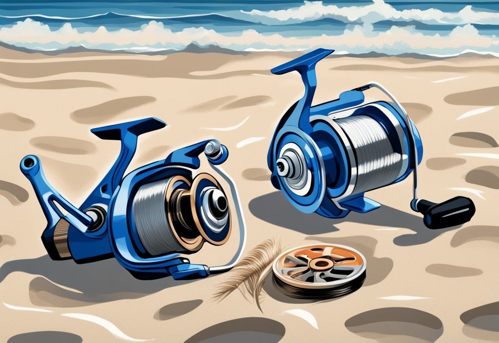 Modern digital painting of blue-themed fishing reels on sandy beach with waves, depicting surf fishing.