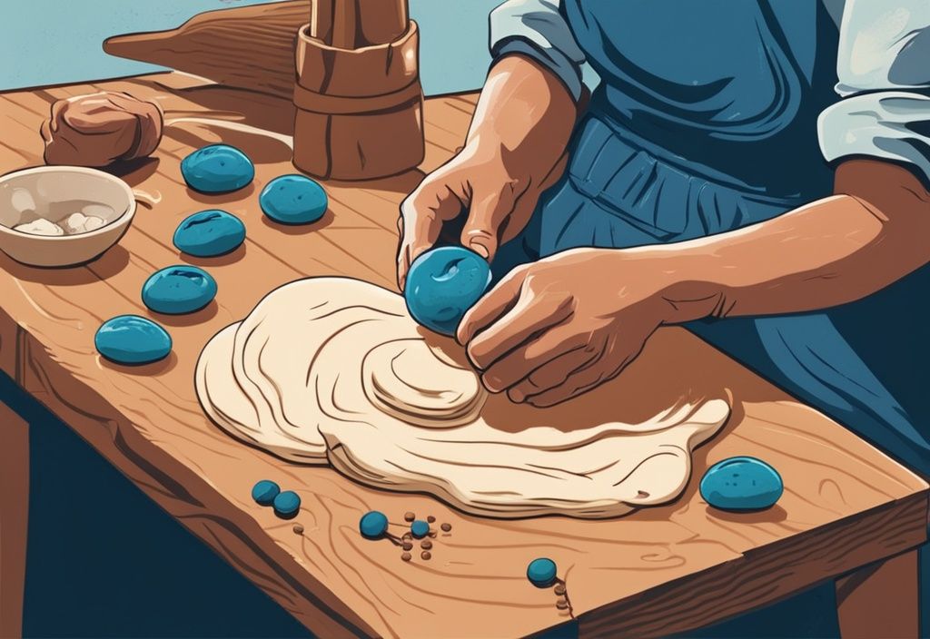 Modern digital painting of hands kneading dough balls on a wooden table with fishing gear, illustrating how to make dough balls for fishing.