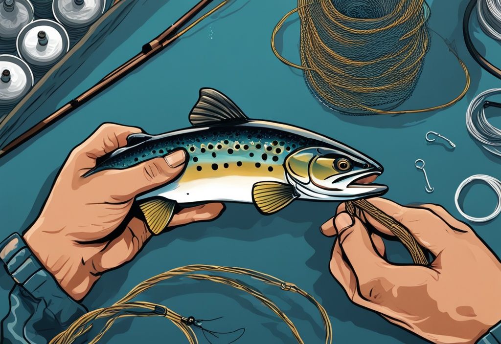 Close-up of an angler's hands tying a line to a trout hook with various pound test fishing lines and scale in the background, highlighting what pound test for trout.