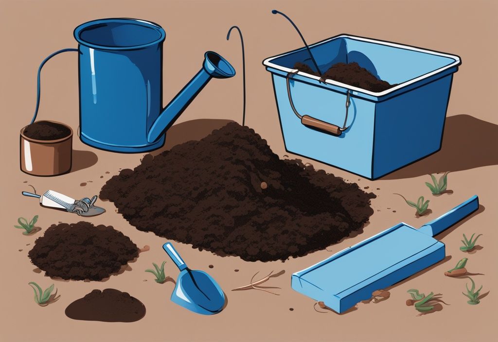 Modern digital painting of blue-themed worms in fertile soil, featuring a trowel and watering can, illustrating a home setup for raising fishing worms.