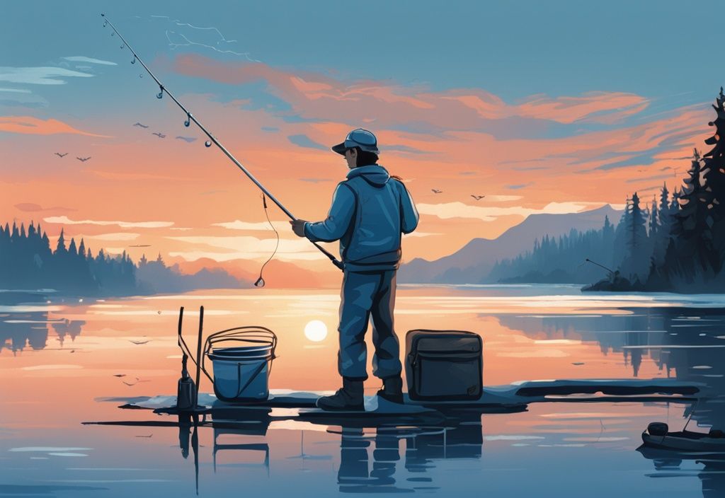 Modern digital painting of a fisherman at dawn, wearing fishing gear, casting a rod into a serene lake with a blue color theme and a calendar showing fishing seasons in the background.