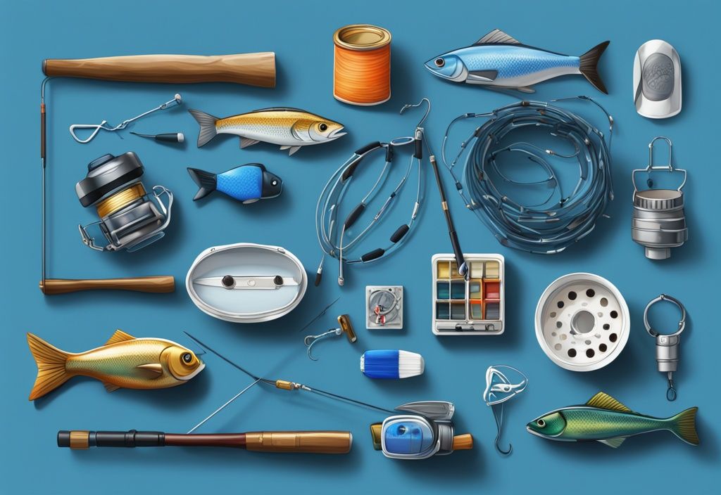 Modern digital painting illustration featuring the best 20 gifts for fishermen, showcasing a diverse array of top fishing accessories with captivating standout features, all in a blue color theme.