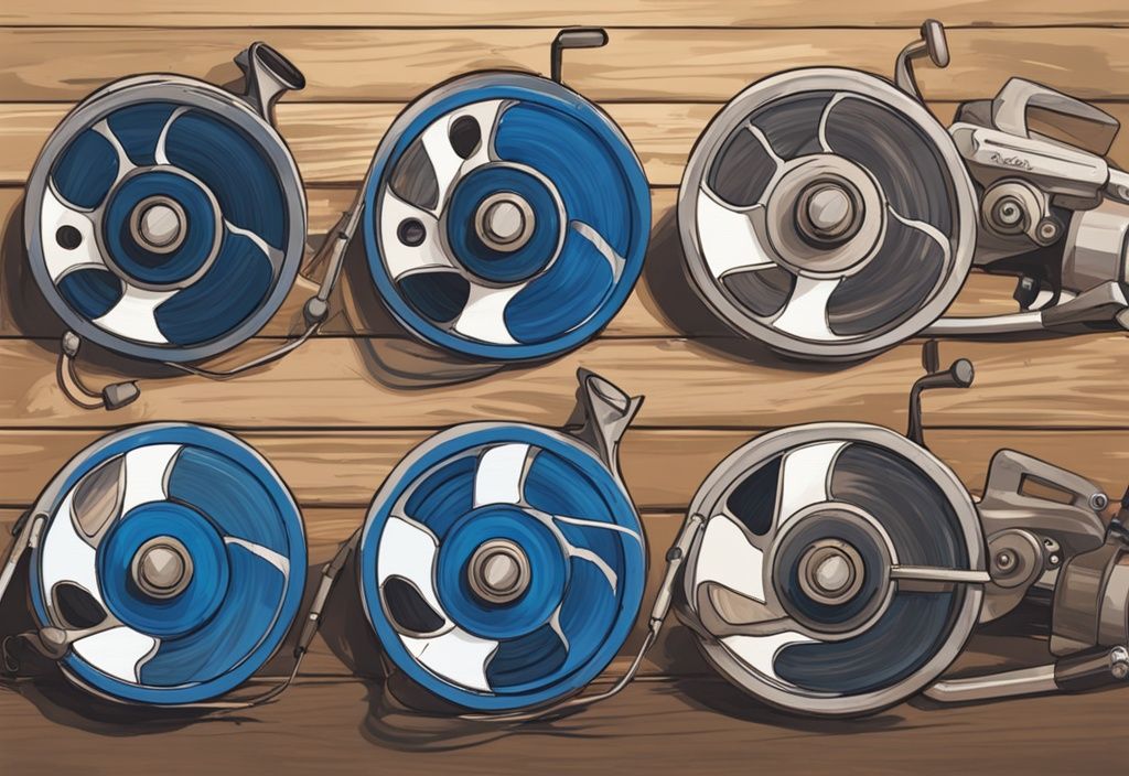 Modern digital painting of five blue spinning reels under $100 on a rustic wooden table for comparison.