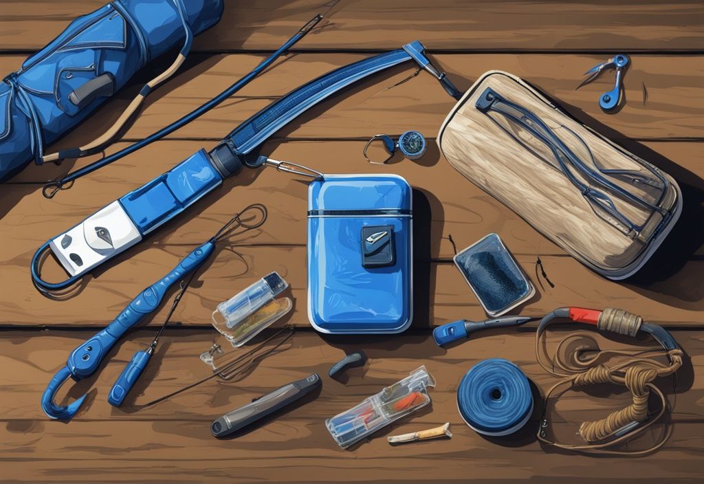 Modern digital painting of three blue-themed survival fishing kits on rustic wood table, featuring fishing lines, hooks, and compact storage cases.