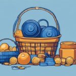 Modern digital painting of a blue-themed fishing line overburdened by items like coins, a kettlebell, and fruits, illustrating how much weight can fishing line hold.