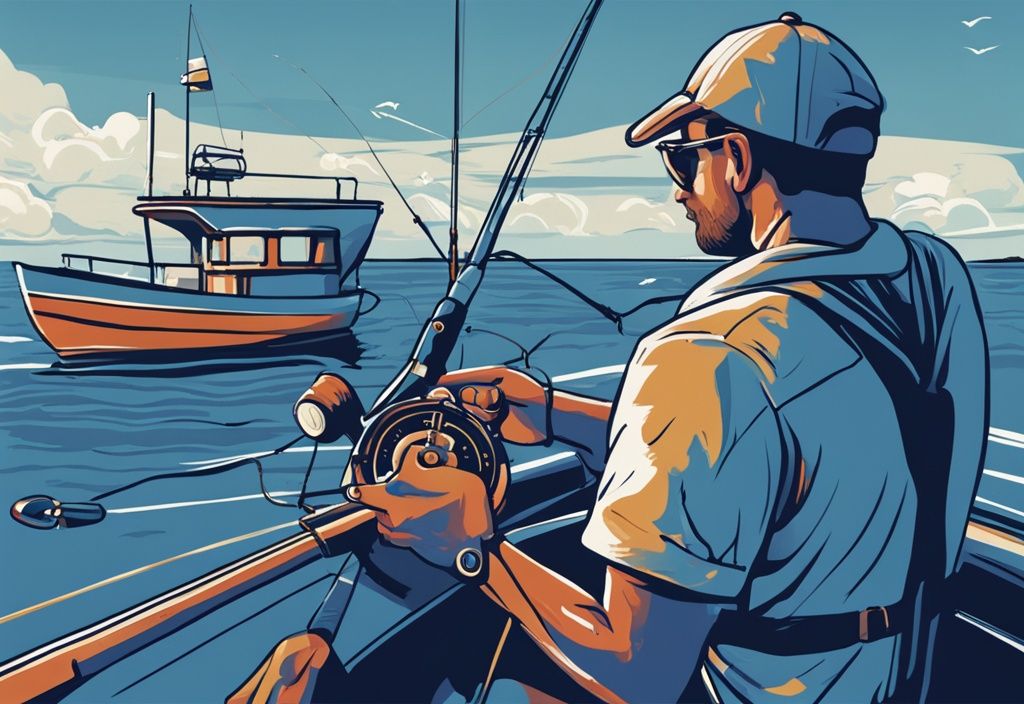 Modern digital painting of an angler on a boat with a fishing rod and a barometer in the foreground, blue color theme.