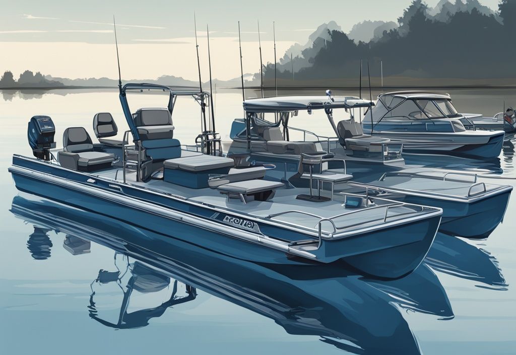 Modern digital painting illustration of the best 10 fishing pontoons in blue, showcasing versatile, high-quality designs and key features from various angles.