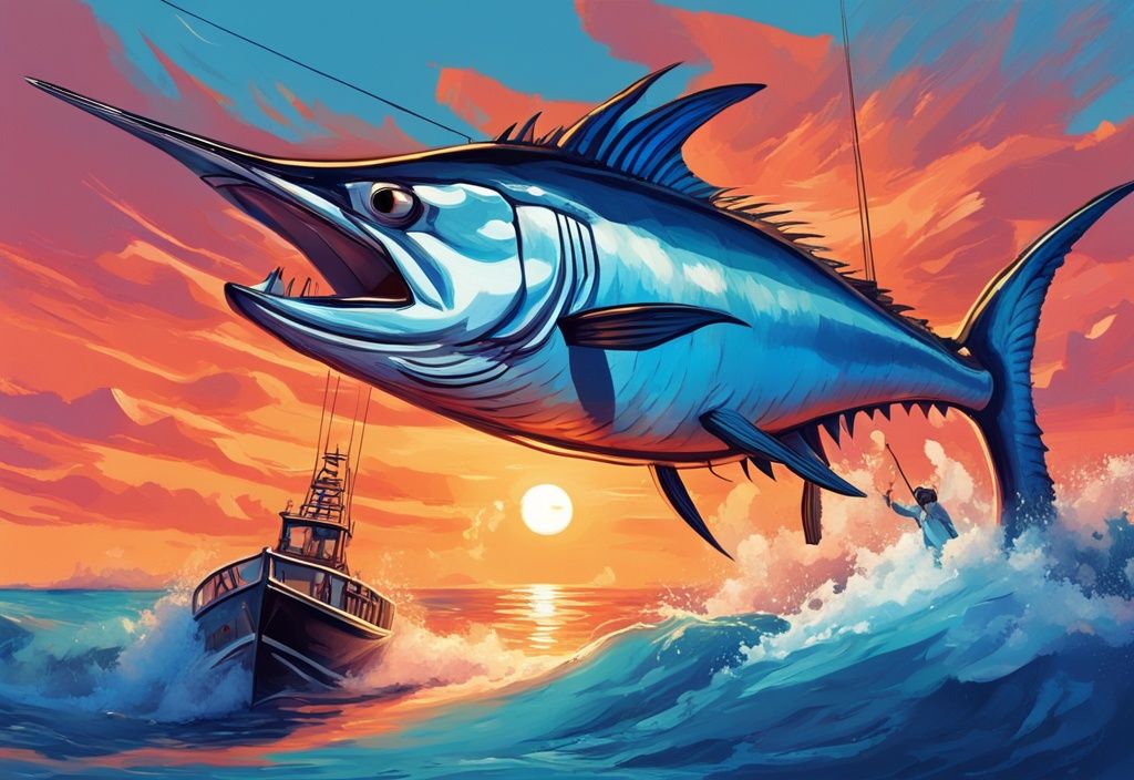 Modern digital painting of the biggest fish ever caught, a giant marlin leaping over a fishing boat at sunset, emphasizing its majestic size.