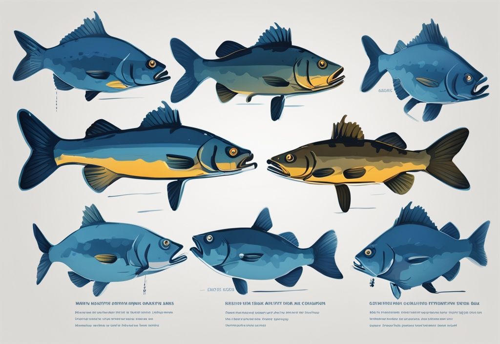 Modern digital painting of eight labeled catfish rigs in blue-themed infographic style.