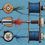 Modern digital painting illustration featuring the best 5 fishing lines for spinning reels, unwound and displayed side by side, with a blue color theme.