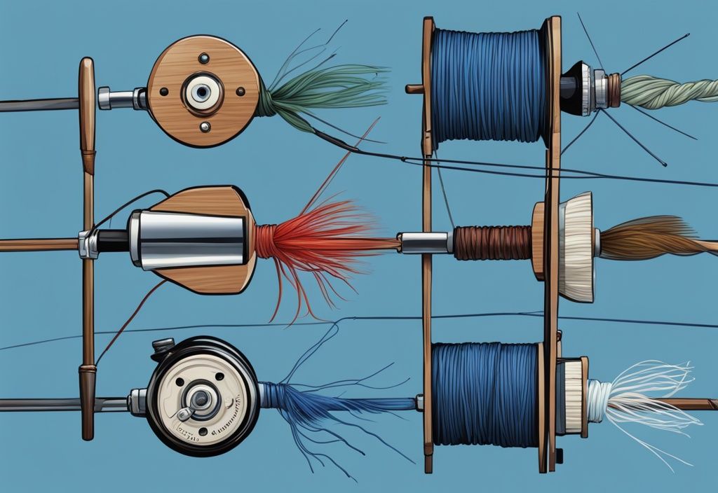 Modern digital painting illustration featuring the best 5 fishing lines for spinning reels, unwound and displayed side by side, with a blue color theme.