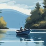 Modern digital painting of a motorboat cruising by recreational fishers, illustrating why should boaters slow down while passing recreational fishing boats for peaceful co-existence on calm blue waters.