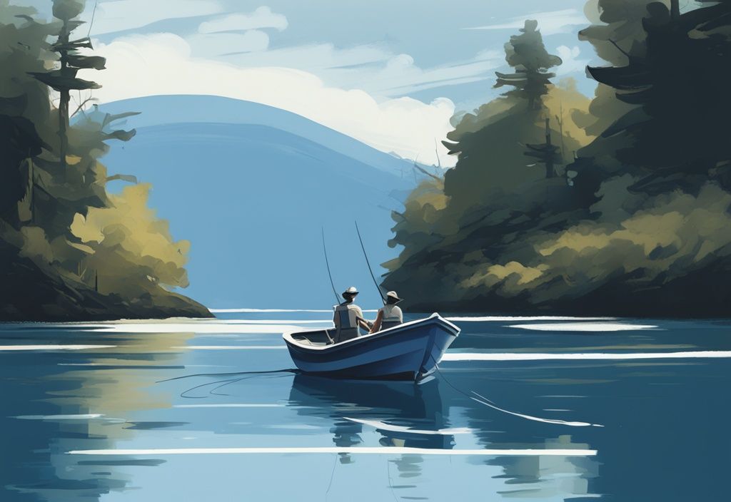 Modern digital painting of a motorboat cruising by recreational fishers, illustrating why should boaters slow down while passing recreational fishing boats for peaceful co-existence on calm blue waters.